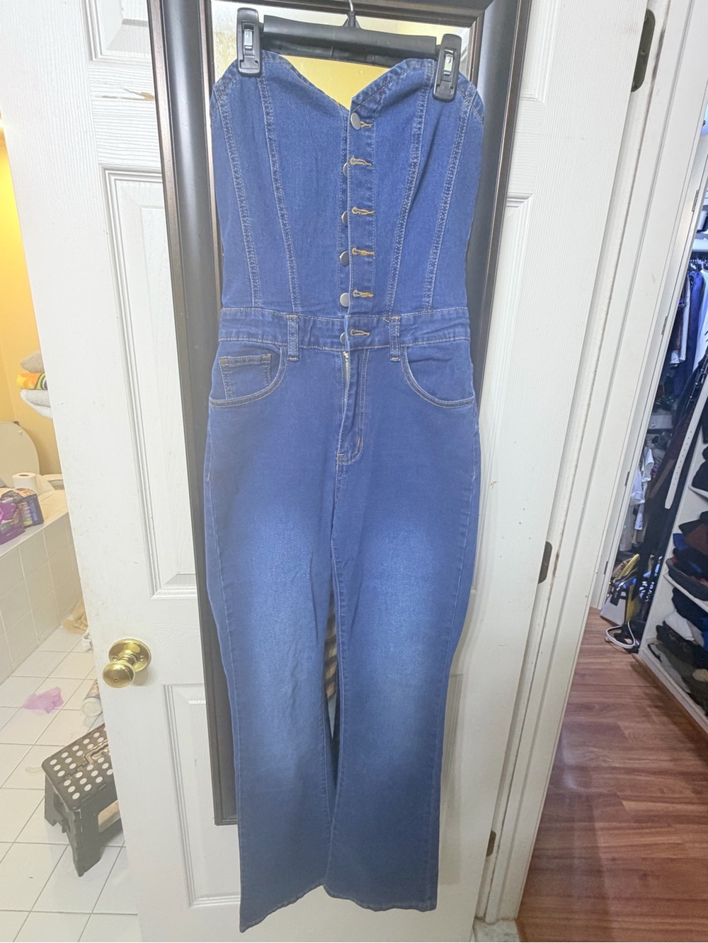 SHEIN Dark Blue Strapless Denim Overalls